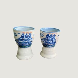 Pair of MA Hadley Pottery Sailing Mast Ship Egg Cups Low Tide Stoneware